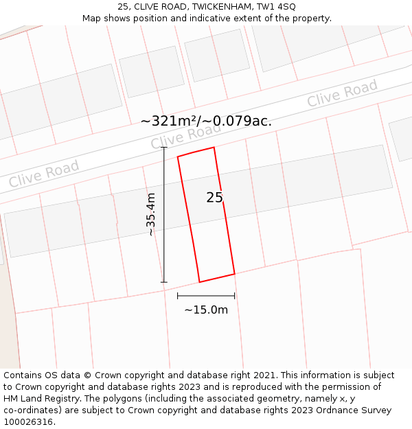 25, CLIVE ROAD, TWICKENHAM, TW1 4SQ: Plot and title map