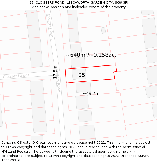 25, CLOISTERS ROAD, LETCHWORTH GARDEN CITY, SG6 3JR: Plot and title map