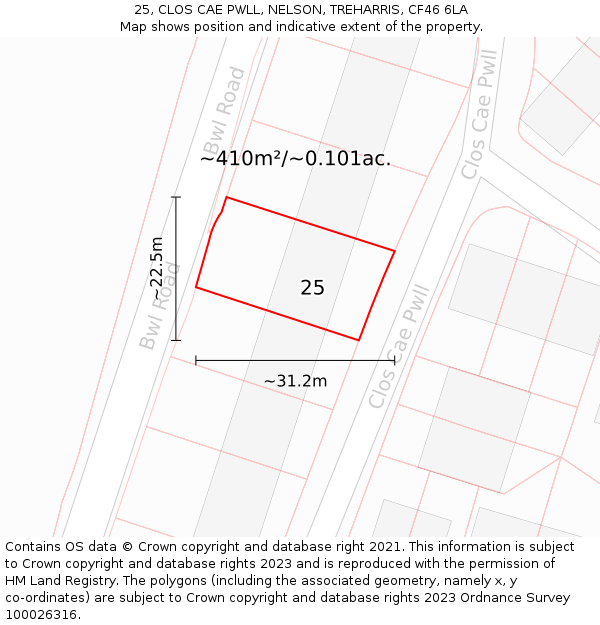 25, CLOS CAE PWLL, NELSON, TREHARRIS, CF46 6LA: Plot and title map