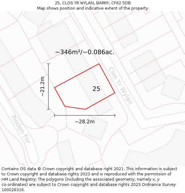 25, CLOS YR WYLAN, BARRY, CF62 5DB: Plot and title map