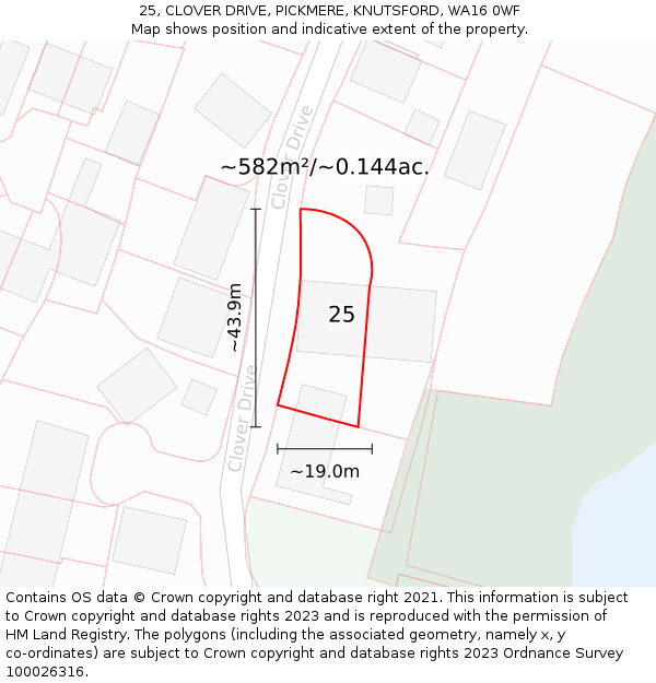 25, CLOVER DRIVE, PICKMERE, KNUTSFORD, WA16 0WF: Plot and title map
