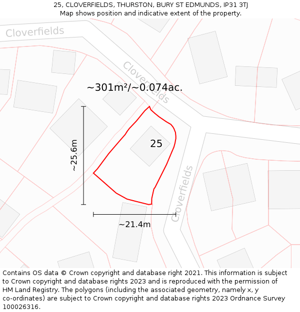 25, CLOVERFIELDS, THURSTON, BURY ST EDMUNDS, IP31 3TJ: Plot and title map