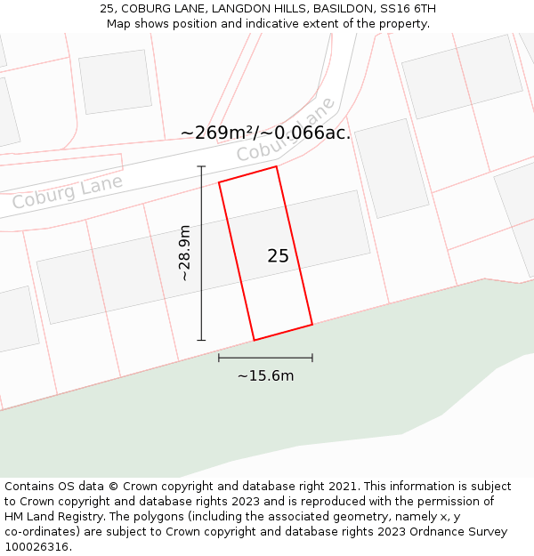 25, COBURG LANE, LANGDON HILLS, BASILDON, SS16 6TH: Plot and title map