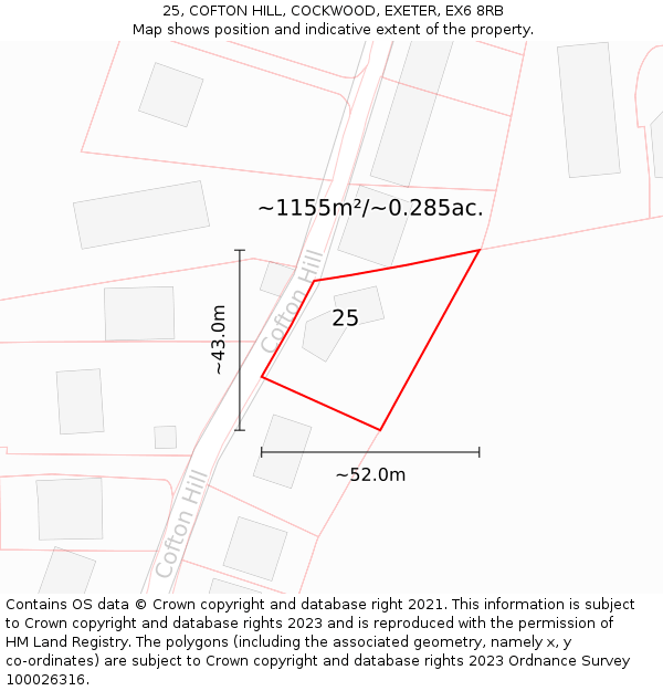 25, COFTON HILL, COCKWOOD, EXETER, EX6 8RB: Plot and title map