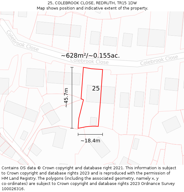 25, COLEBROOK CLOSE, REDRUTH, TR15 1DW: Plot and title map