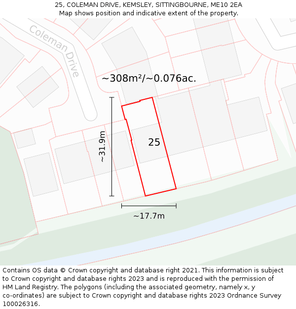 25, COLEMAN DRIVE, KEMSLEY, SITTINGBOURNE, ME10 2EA: Plot and title map