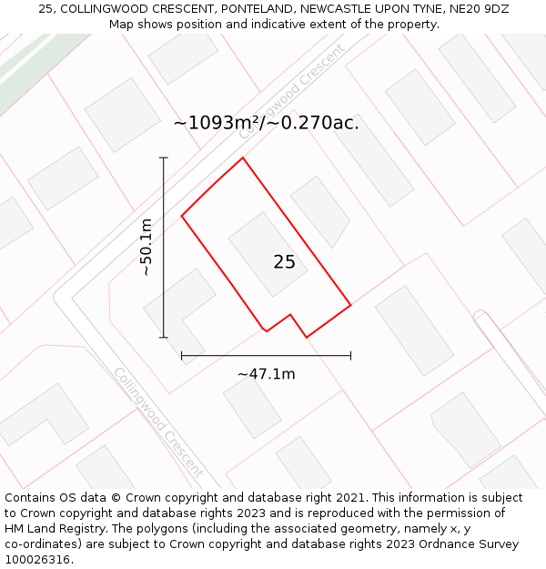 25, COLLINGWOOD CRESCENT, PONTELAND, NEWCASTLE UPON TYNE, NE20 9DZ: Plot and title map