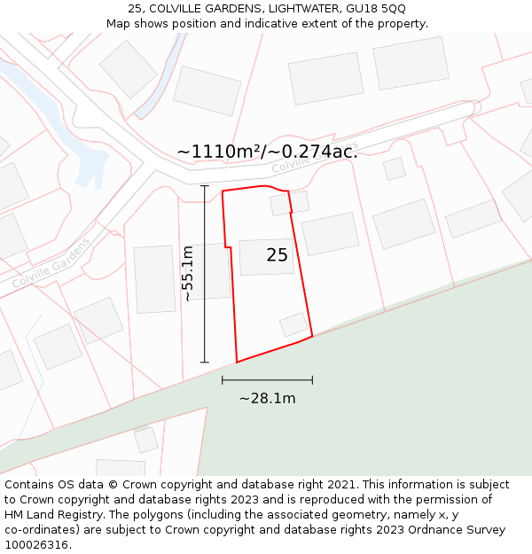 25, COLVILLE GARDENS, LIGHTWATER, GU18 5QQ: Plot and title map