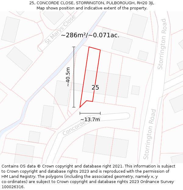 25, CONCORDE CLOSE, STORRINGTON, PULBOROUGH, RH20 3JL: Plot and title map