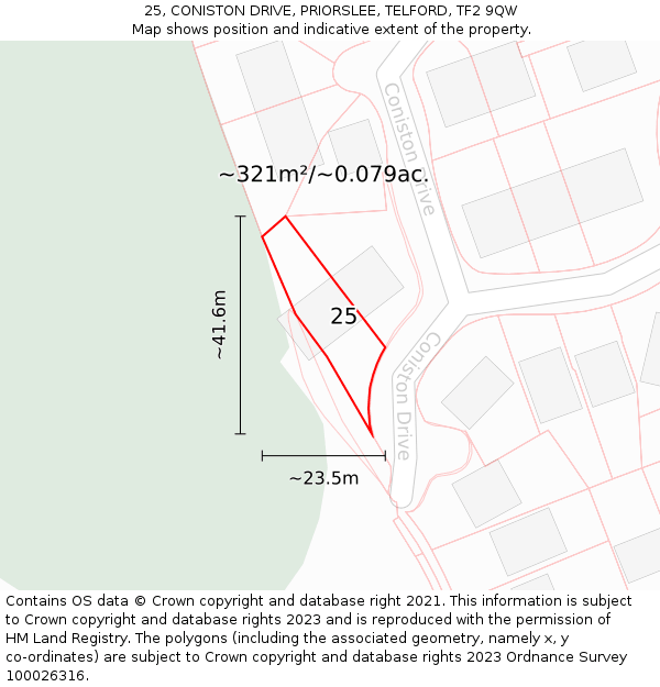 25, CONISTON DRIVE, PRIORSLEE, TELFORD, TF2 9QW: Plot and title map