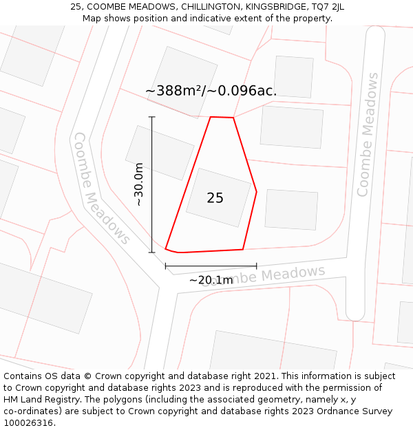 25, COOMBE MEADOWS, CHILLINGTON, KINGSBRIDGE, TQ7 2JL: Plot and title map