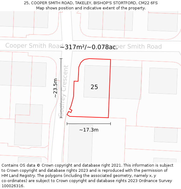 25, COOPER SMITH ROAD, TAKELEY, BISHOP'S STORTFORD, CM22 6FS: Plot and title map
