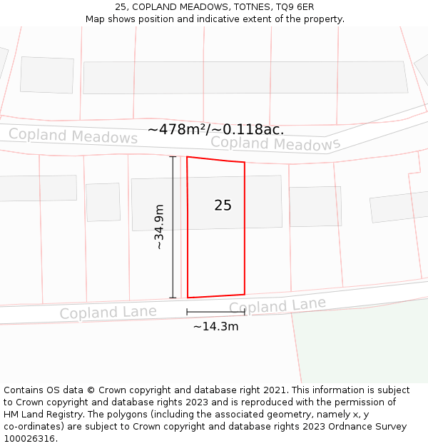 25, COPLAND MEADOWS, TOTNES, TQ9 6ER: Plot and title map