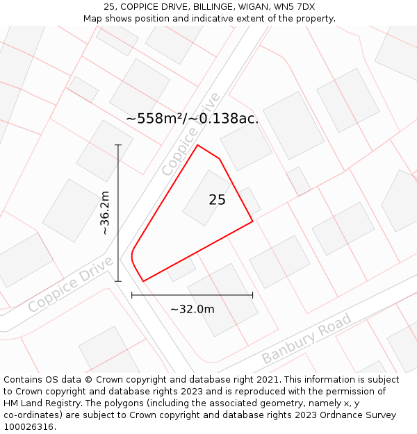 25, COPPICE DRIVE, BILLINGE, WIGAN, WN5 7DX: Plot and title map