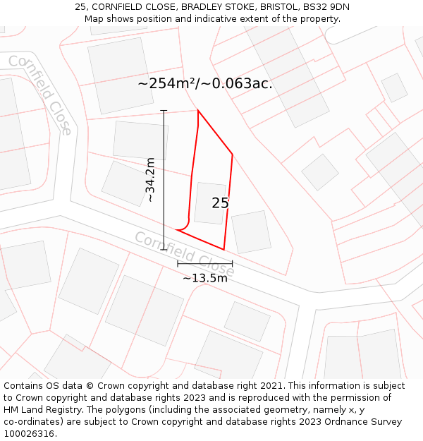 25, CORNFIELD CLOSE, BRADLEY STOKE, BRISTOL, BS32 9DN: Plot and title map