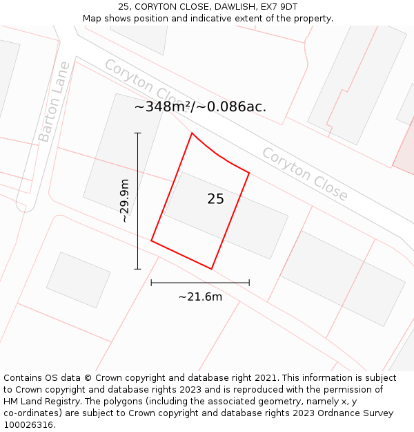 25, CORYTON CLOSE, DAWLISH, EX7 9DT: Plot and title map