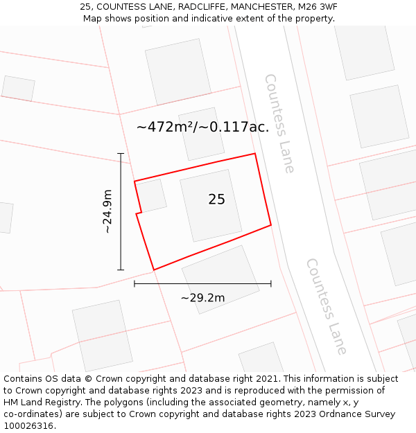 25, COUNTESS LANE, RADCLIFFE, MANCHESTER, M26 3WF: Plot and title map