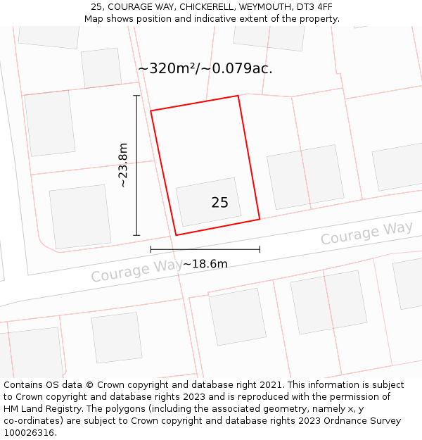 25, COURAGE WAY, CHICKERELL, WEYMOUTH, DT3 4FF: Plot and title map