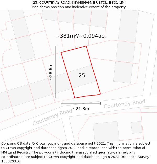 25, COURTENAY ROAD, KEYNSHAM, BRISTOL, BS31 1JN: Plot and title map