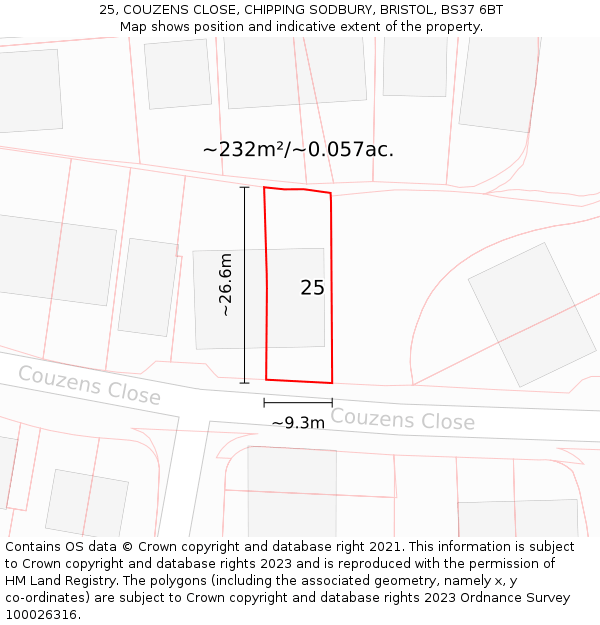 25, COUZENS CLOSE, CHIPPING SODBURY, BRISTOL, BS37 6BT: Plot and title map