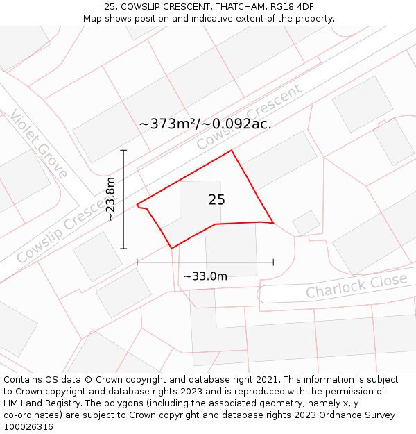 25, COWSLIP CRESCENT, THATCHAM, RG18 4DF: Plot and title map