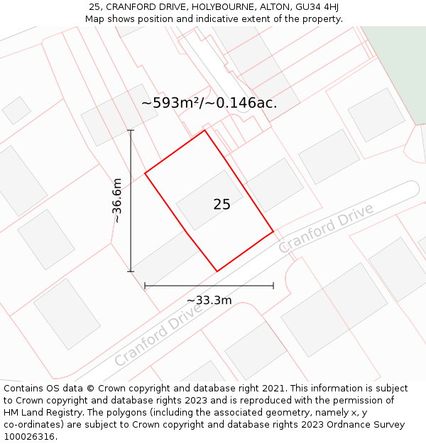 25, CRANFORD DRIVE, HOLYBOURNE, ALTON, GU34 4HJ: Plot and title map