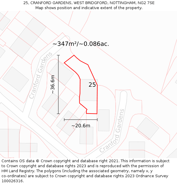 25, CRANFORD GARDENS, WEST BRIDGFORD, NOTTINGHAM, NG2 7SE: Plot and title map