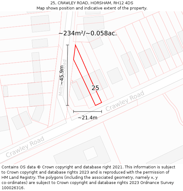 25, CRAWLEY ROAD, HORSHAM, RH12 4DS: Plot and title map