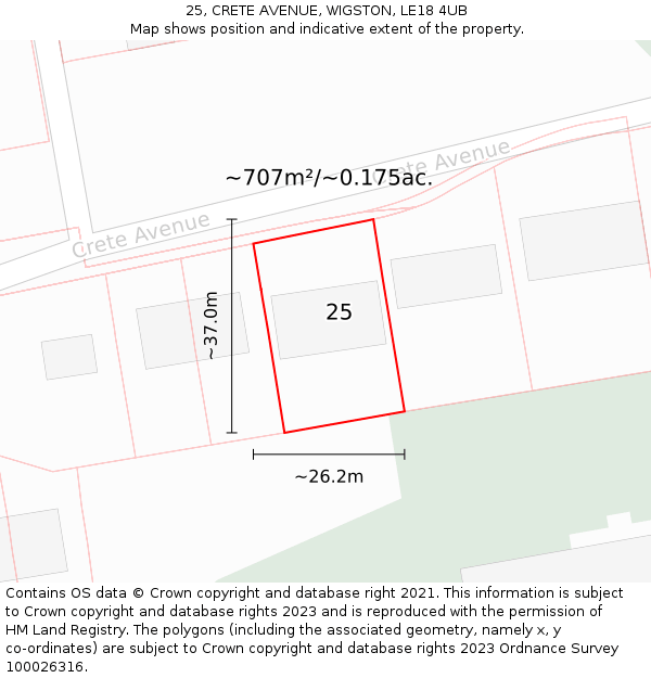 25, CRETE AVENUE, WIGSTON, LE18 4UB: Plot and title map