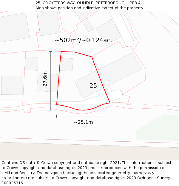 25, CRICKETERS WAY, OUNDLE, PETERBOROUGH, PE8 4JU: Plot and title map