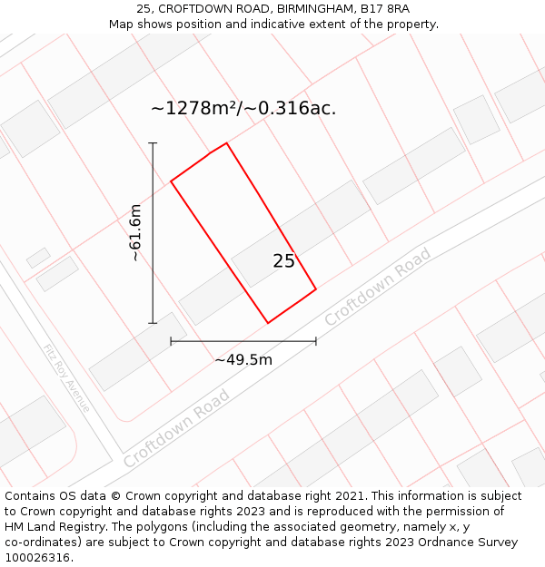 25, CROFTDOWN ROAD, BIRMINGHAM, B17 8RA: Plot and title map