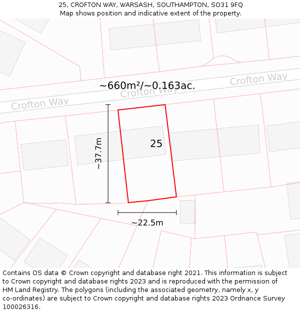 25, CROFTON WAY, WARSASH, SOUTHAMPTON, SO31 9FQ: Plot and title map