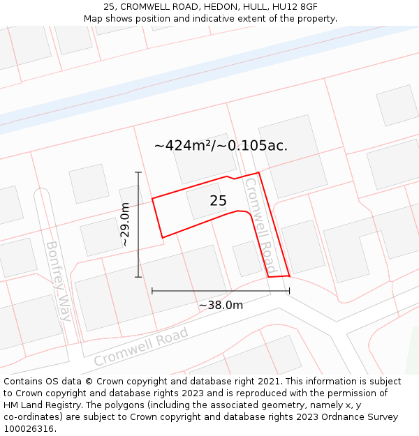 25, CROMWELL ROAD, HEDON, HULL, HU12 8GF: Plot and title map