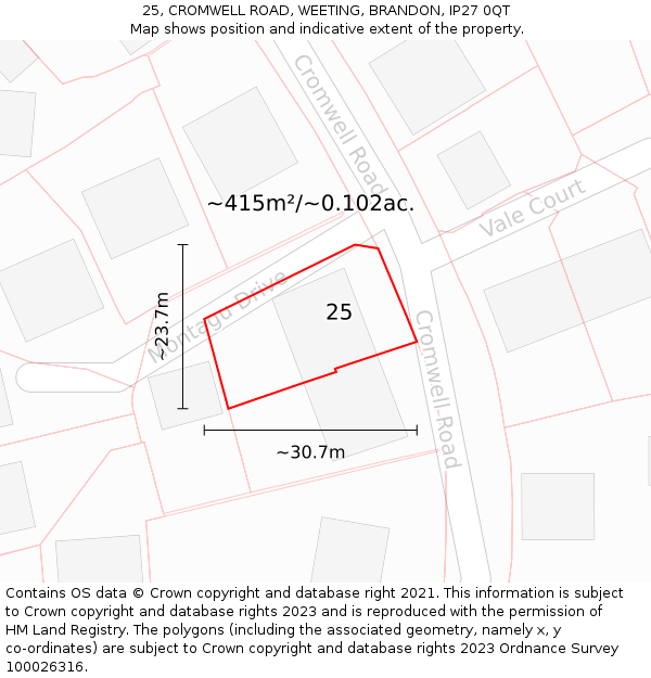 25, CROMWELL ROAD, WEETING, BRANDON, IP27 0QT: Plot and title map