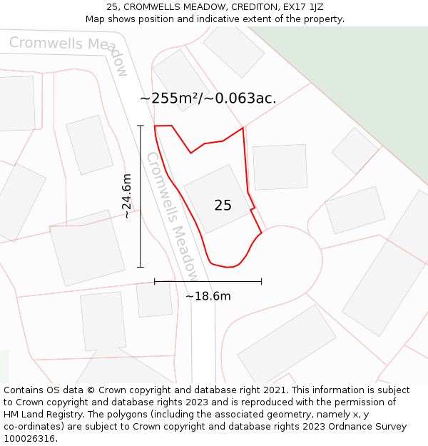 25, CROMWELLS MEADOW, CREDITON, EX17 1JZ: Plot and title map