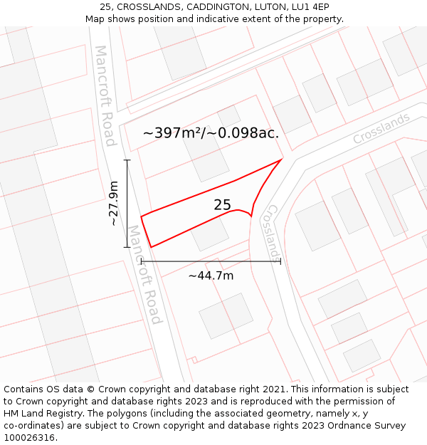 25, CROSSLANDS, CADDINGTON, LUTON, LU1 4EP: Plot and title map