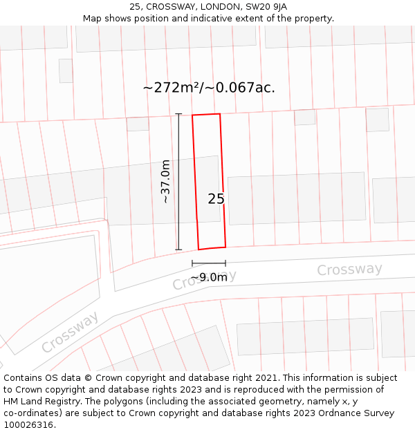 25, CROSSWAY, LONDON, SW20 9JA: Plot and title map