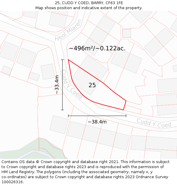 25, CUDD Y COED, BARRY, CF63 1FE: Plot and title map