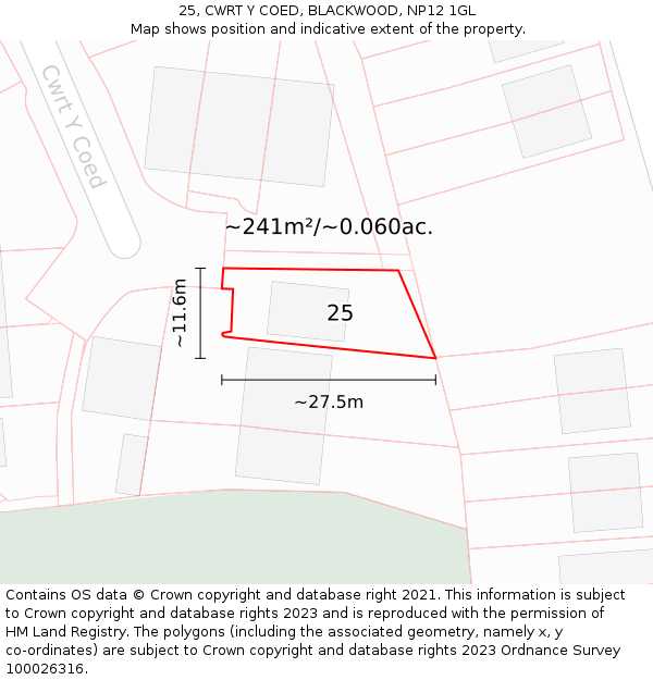 25, CWRT Y COED, BLACKWOOD, NP12 1GL: Plot and title map