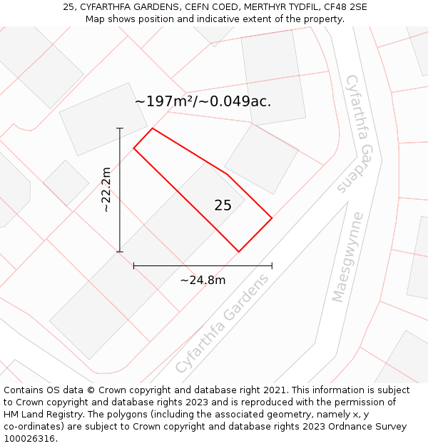 25, CYFARTHFA GARDENS, CEFN COED, MERTHYR TYDFIL, CF48 2SE: Plot and title map