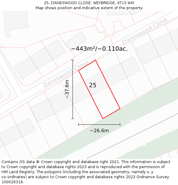 25, DANESWOOD CLOSE, WEYBRIDGE, KT13 9AY: Plot and title map