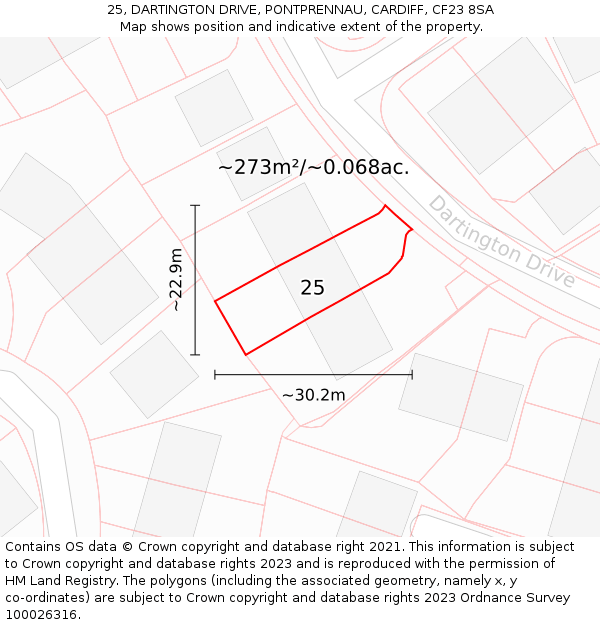 25, DARTINGTON DRIVE, PONTPRENNAU, CARDIFF, CF23 8SA: Plot and title map