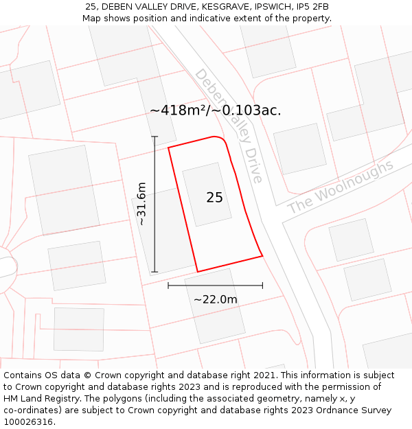 25, DEBEN VALLEY DRIVE, KESGRAVE, IPSWICH, IP5 2FB: Plot and title map