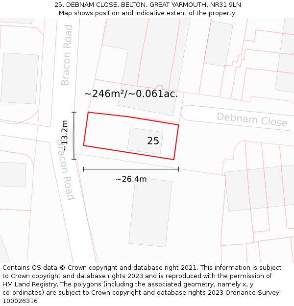 25, DEBNAM CLOSE, BELTON, GREAT YARMOUTH, NR31 9LN: Plot and title map