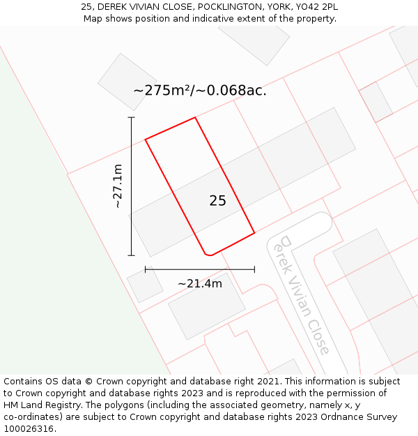 25, DEREK VIVIAN CLOSE, POCKLINGTON, YORK, YO42 2PL: Plot and title map