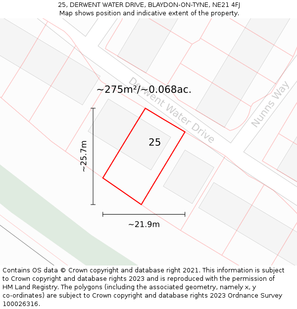 25, DERWENT WATER DRIVE, BLAYDON-ON-TYNE, NE21 4FJ: Plot and title map