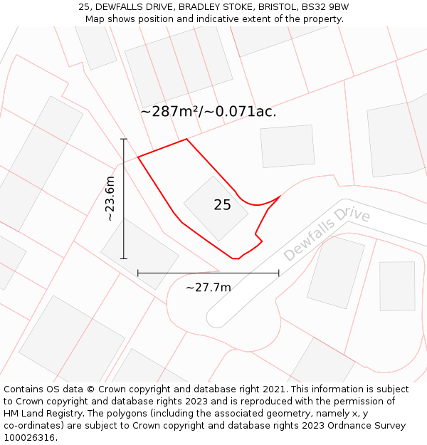 25, DEWFALLS DRIVE, BRADLEY STOKE, BRISTOL, BS32 9BW: Plot and title map