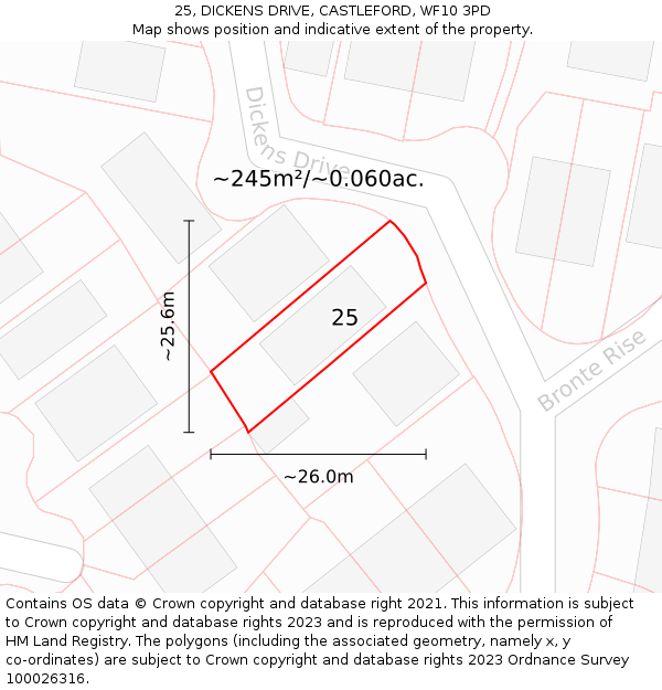 25, DICKENS DRIVE, CASTLEFORD, WF10 3PD: Plot and title map