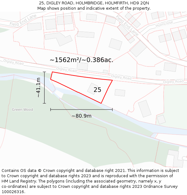 25, DIGLEY ROAD, HOLMBRIDGE, HOLMFIRTH, HD9 2QN: Plot and title map