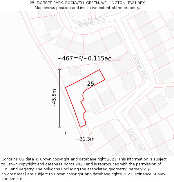 25, DOBREE PARK, ROCKWELL GREEN, WELLINGTON, TA21 9RX: Plot and title map